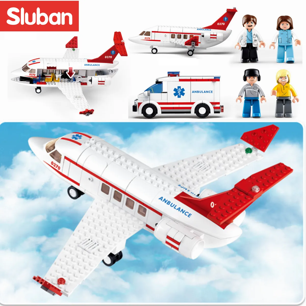 Sluban Building Block Toys Aviation Ambulance Plane 335PCS Bricks B0370 Medical Aircraft Compatbile With Leading Brands Construc