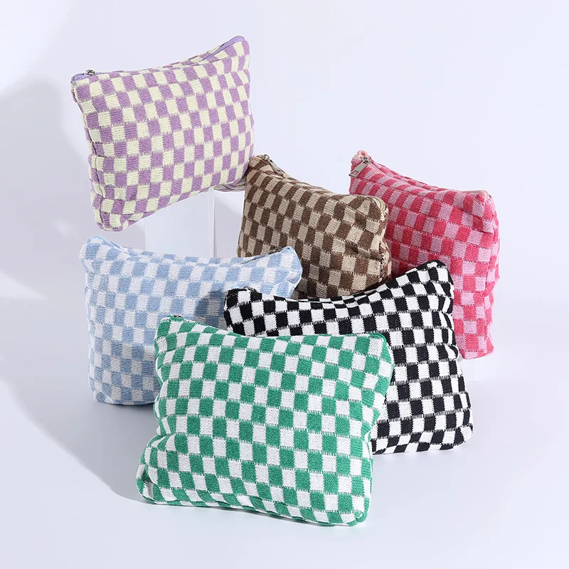 Fashion Colorful Checkerboard Clutch Makeup Bag Korean Knitted Cosmetic Storage Bag Large Capacity Daily Makeup Pouch Organizer