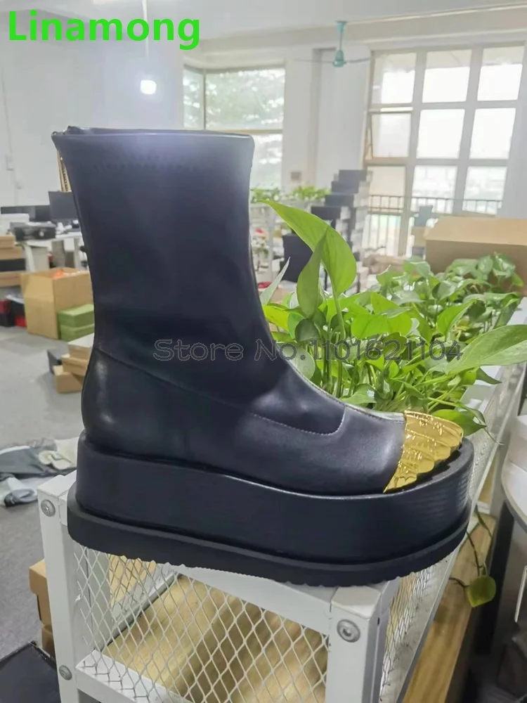 Black Boots Golden Toe Thick Soled Leather Fabric Back Zipper Elastic Boots 2024 Summer Latest Runway Fashion Platform Shoes