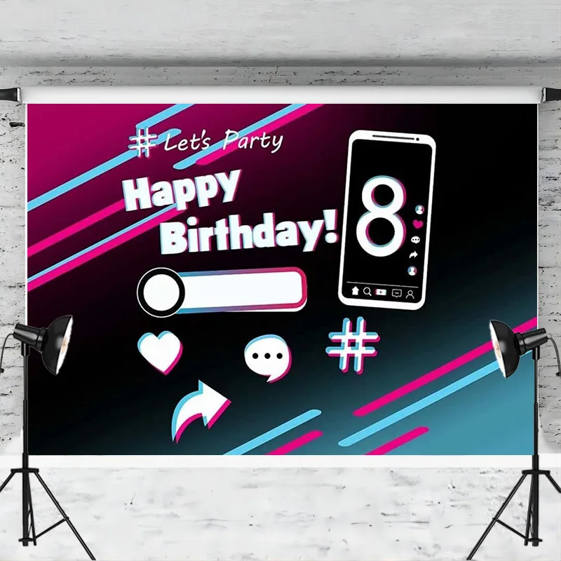 8th Birthday Party Backdrop Music Colorful Dazzling Background Black Pink Gradient Photography Background Dessert Table Banner