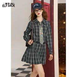 ELFSACK 2024 Autumn New Arrive Black cotton college style waist slimming plaid shirt dress for women