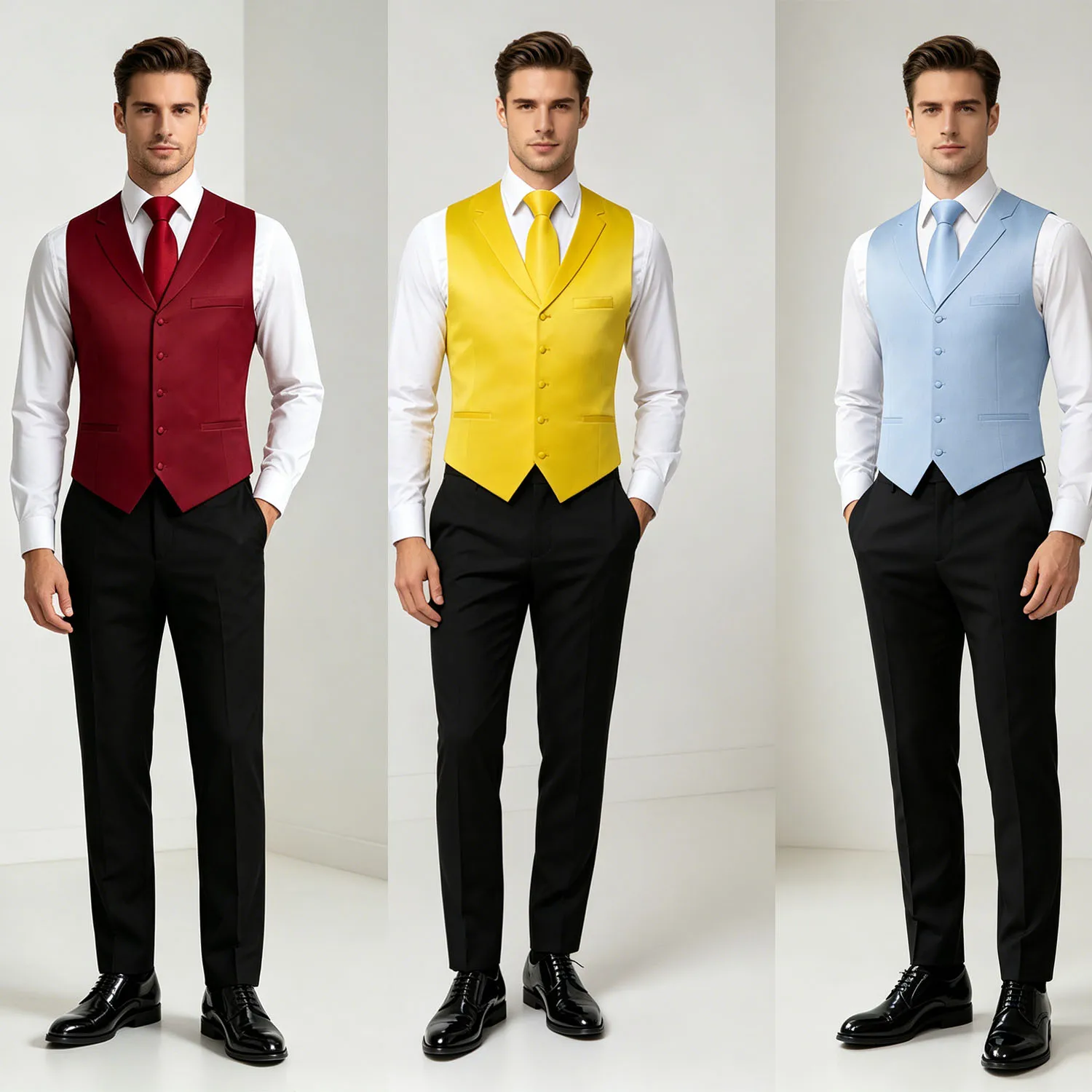 Formal Plain Solid Yellow Red Sky Blue Mens Vest Party Wedding Waistcoat Pocket Square Tie Suit Set