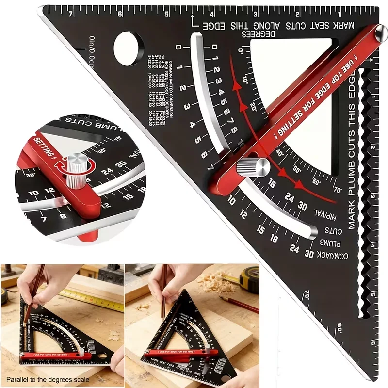 7inch Aluminum Alloy Multifunctional Measuring Triangle Ruler for Woodworking, Adjustable 45-Degree Angle ° 90 ° Protractor Woodworking Accessories