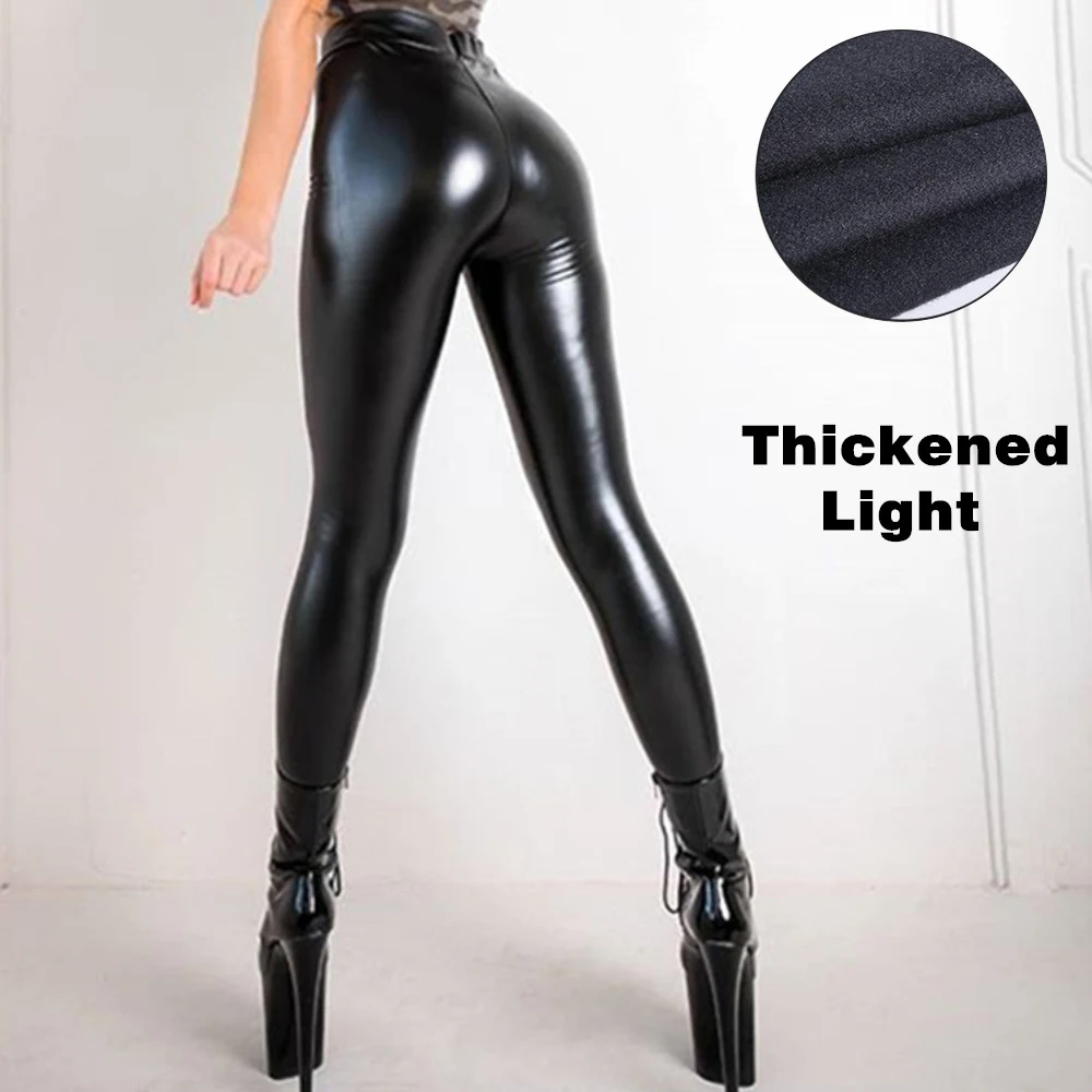 Women Leggings Fashion PU Leather Pants Stretchy High Waist Leggings Wet Look Clubwear Sexy Black Plus Size Full Length Trousers