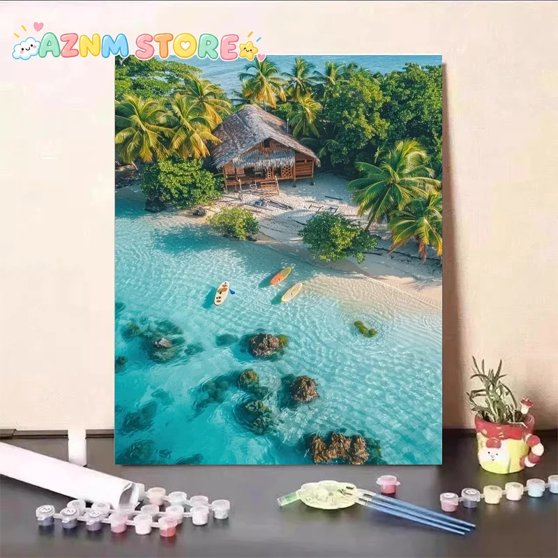 2D Flat 2027 Professional Art Use, 1 Set Professional Art-Grade Adult Paint by Numbers DIY Kit, Tropical Island Thatched Hut