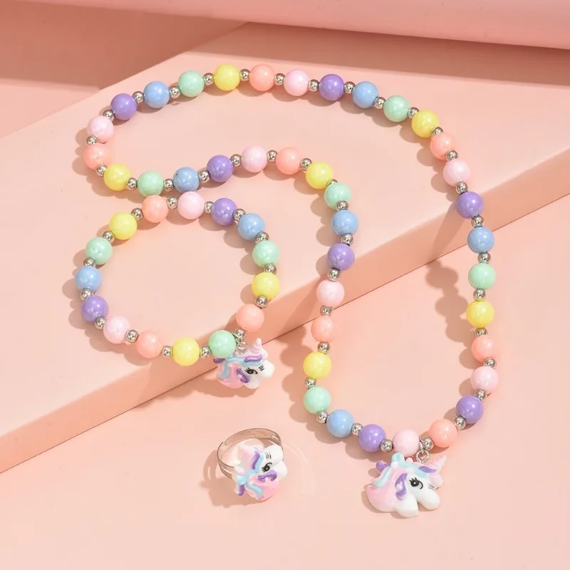 

Colorful bead unicorn necklace, ring, elastic bracelet cartoon personalized jewelry set