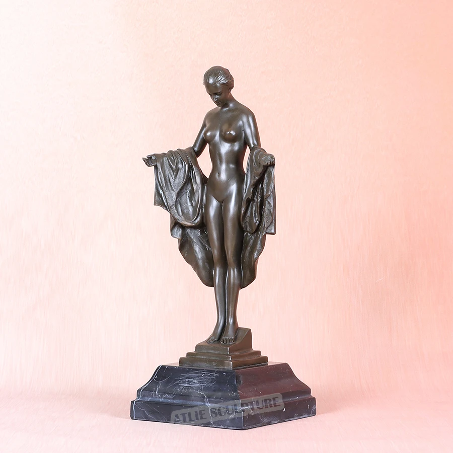 Bronze Nude Standing Woman Statue Western Sexy Naked Female Sculpture Marble Base Modern Art Bedroom Ornament