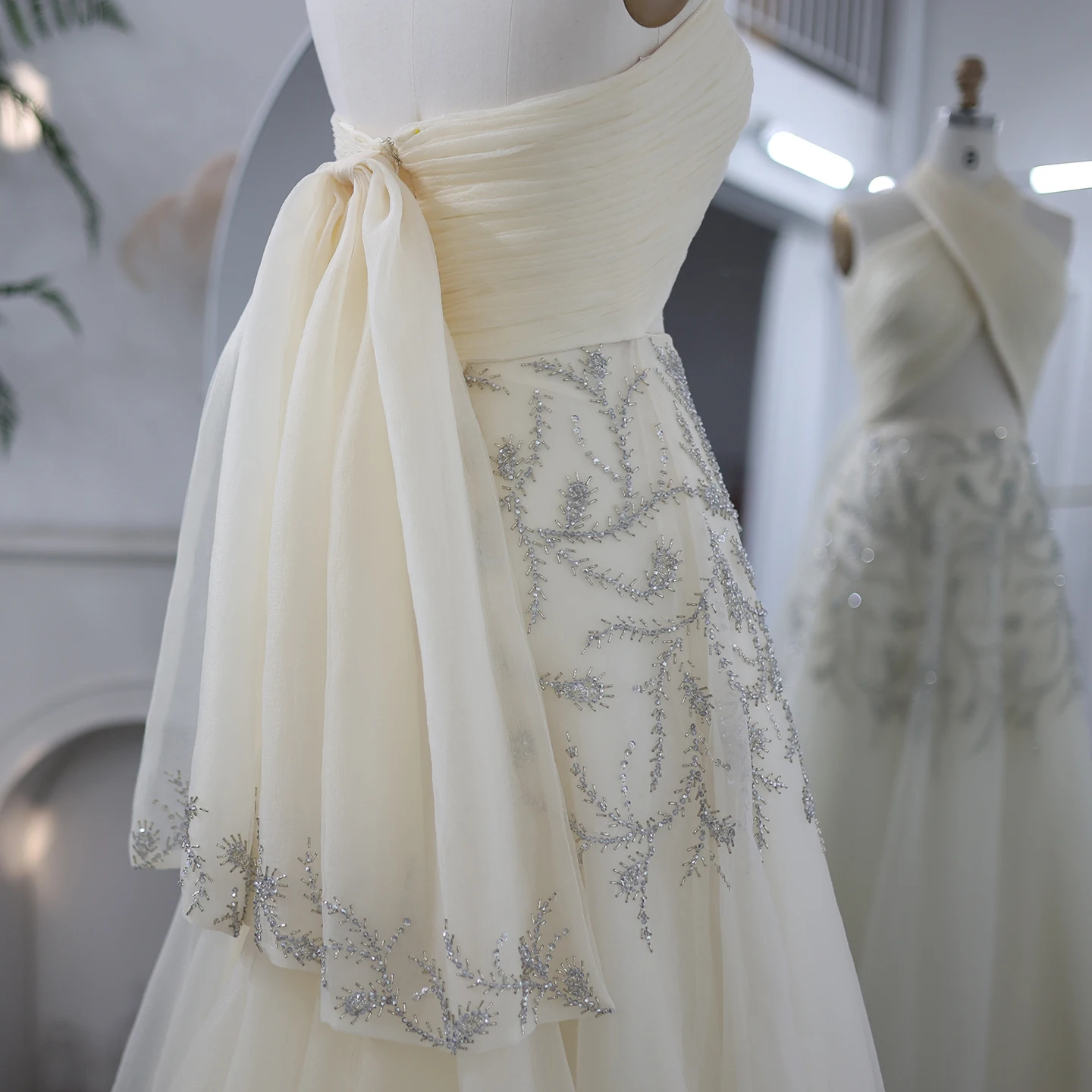 샤론 사이드 아랍 홀터, 베이지 두바이 이브닝 원피스, 여성 웨딩 럭셔리 크리스탈 두바이 롱 프롬 파티 드레스, SS444 맞춤형