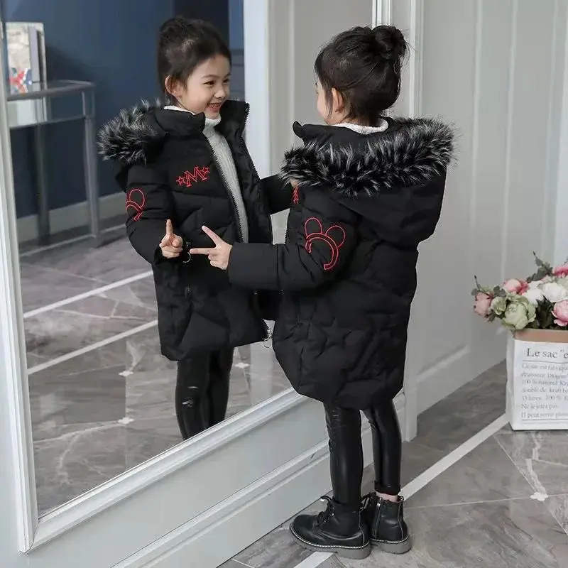 5-12 Years Girls Jacket 2023 Winter New Fashion Printing Plush Velvet Thicken Cold Protection Hooded Windbreaker Coat