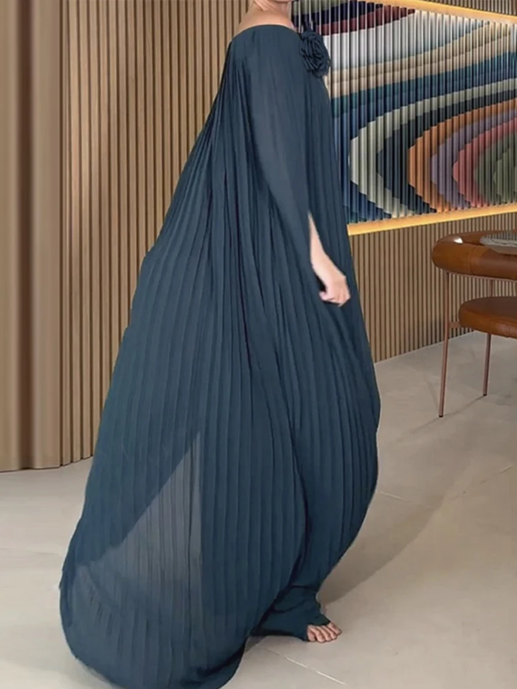 Female Clothes Fashion Loose Gauze Pleated Solid Color Tiered Off-The-Shoulder Elegant Evening Dresses Women's Maxi Dresses