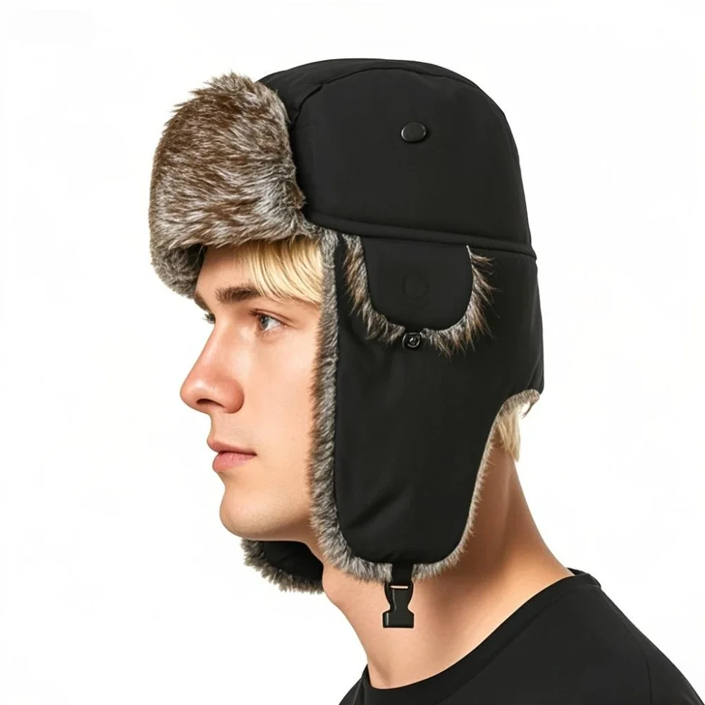 Russische Uschanka-Mütze für Herren im Militärstil, Pilotenmütze mit Ohrenschützern, winddicht, für kaltes Wetter, Armee, Fliegerfell, Patrouillenmütze – Detail 2