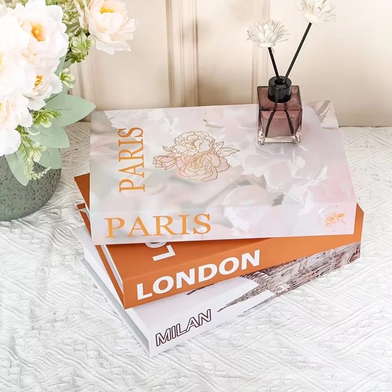 New 3Pc Foldable Fashion Decor Fake Book Paris London Milan Mannheim Coffee Table Ornaments Club Hotel Room Villa Prop Books