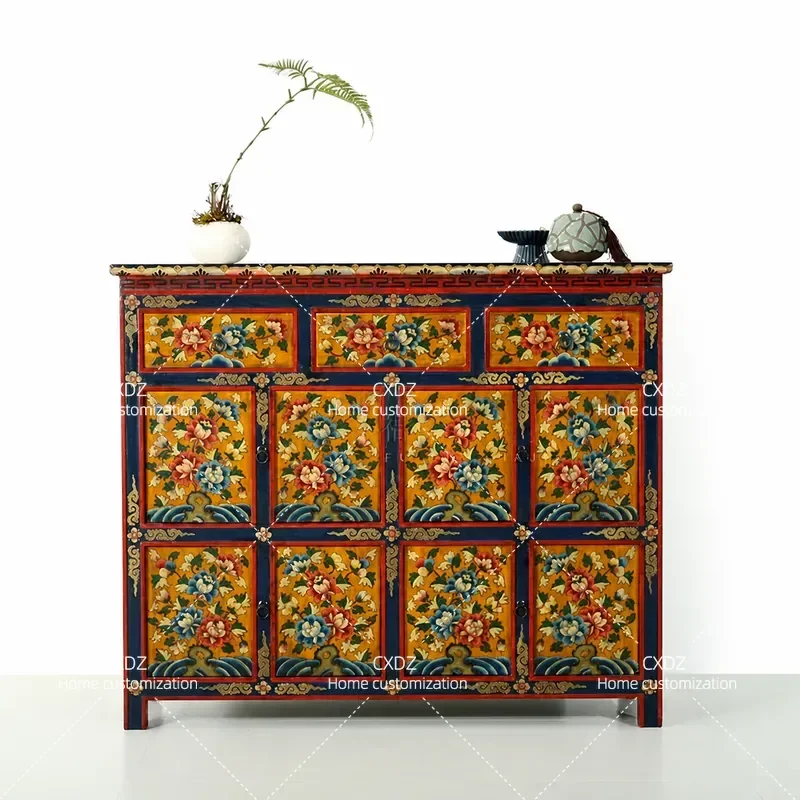Chinese Style Dining Side Cabinet Tibetan Entrance Cabinet Solid Wood Painted Tableware Storage Locker Old Retro Decorative