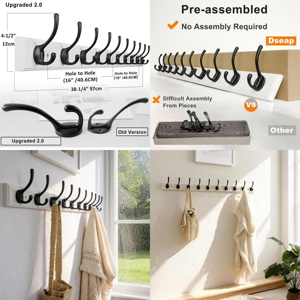 

Wall-Mounted Coat Rack with 10 Hooks, 38.25 Length, 16 Spacing, Wooden Hooks, Available in White and Black