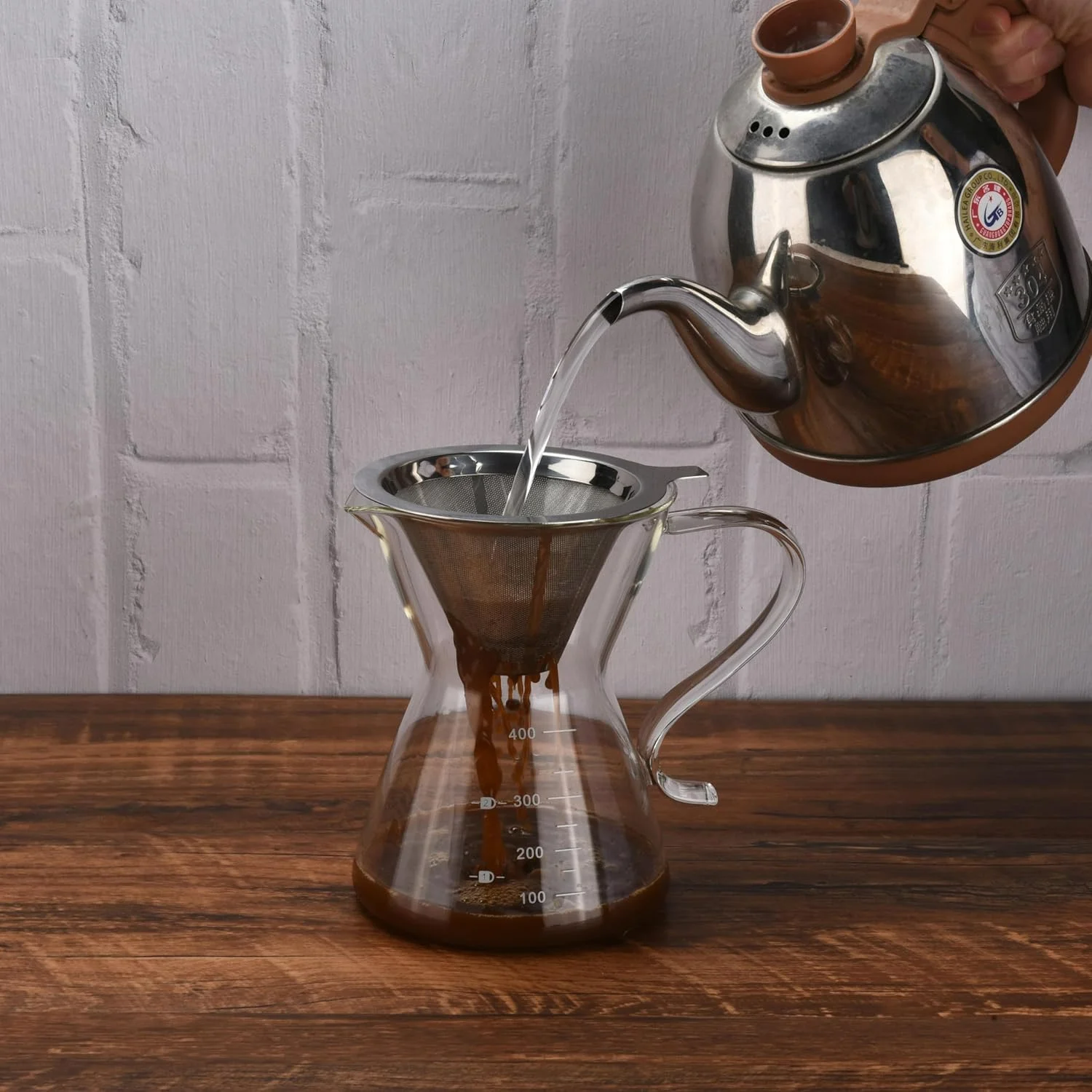 

Transparent Glass Pour Over Coffee Maker Set - Gooseneck Spout Portable Brewer - 400ml Coffee Dripper Kettle