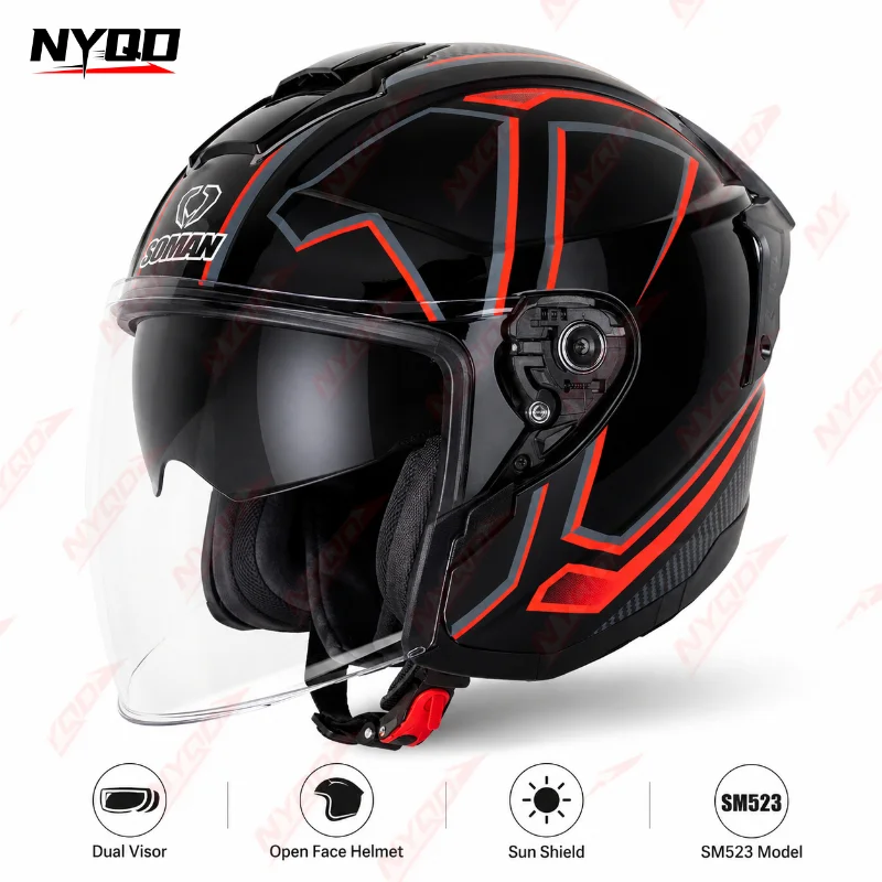 

SOMAN SM523 Motorcycle Helmet Dual Visor Open Face 3/4 Helmet Sun Shield Riding Helmet for Scooter E-bike Motorbike