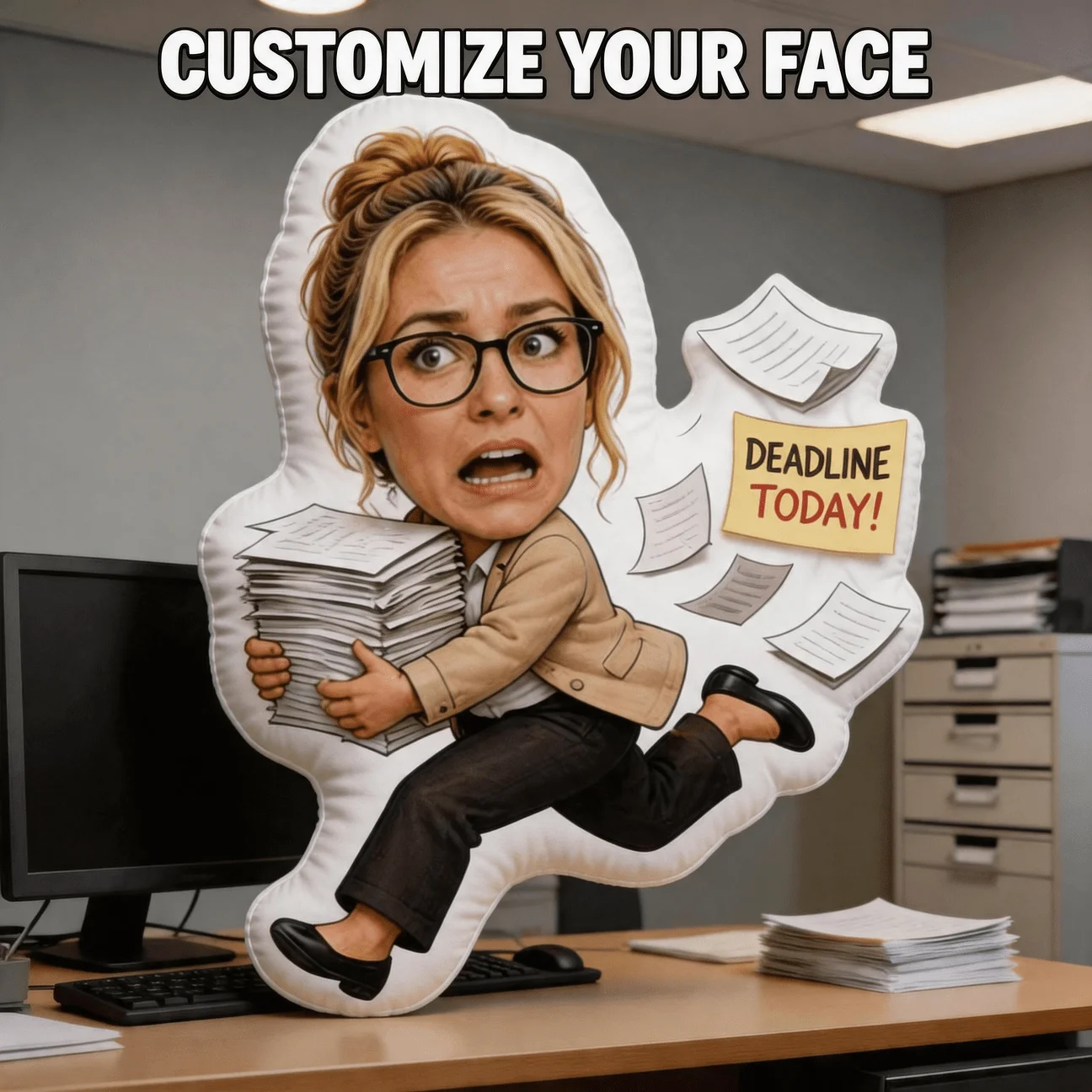 Custom Face Funny Shaped Pillow, Office Worker Running with Papers Custom Photo Decorative Cushion with Double-Sided Printing, 6