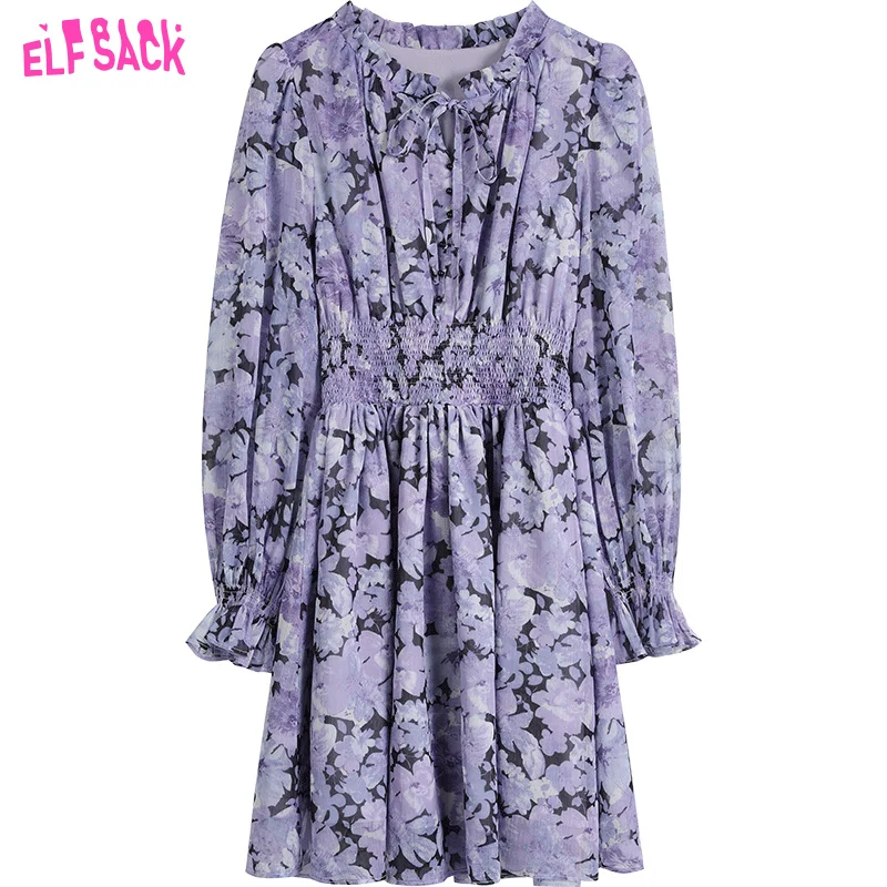 ELFSACK French Floral Dresses Women 2023 Spring Waist Long Sleeve Daily Dress