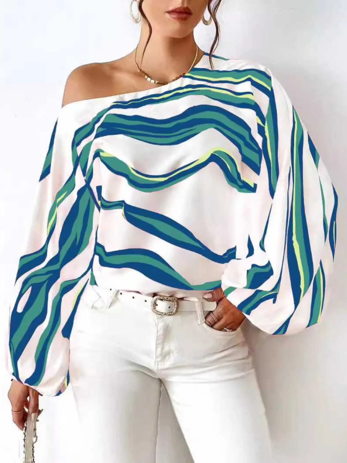 Sexy Long Sve Damen T-Shirt Wave Print Slant Collar Oulder Bared IRT Street Sle Slim Fit Polyester Lantern Sve