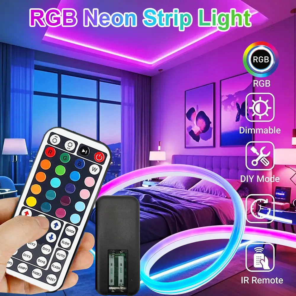 

Гибкие неоновые светодиодные ленты RGB с пультом на 44 кнопки для подсветки телевизоров, туалетных столиков, шкафов, на Рождество
