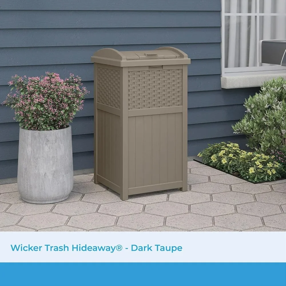 33 Gallon Hideaway Trash Can for Patio - Resin Outdoor Trash with Lid - Use in Backyard, Deck, or Patio