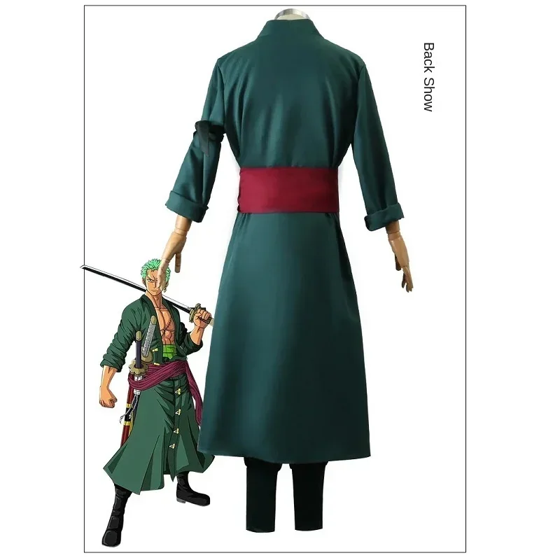 CosplayAnime Roronoa Zoro Cosplay Costume Uniform Green Coat Pants Head Scarf Roronoa Zoro Wig Earrings Halloween Carnival Men C