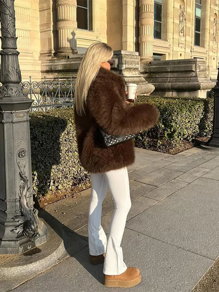 Women Vintage Brown Faux Fur Thick Coat Elegant Lapel Long Sleeves Short Coats Autumn Winter Fashion Lady High Street Outwears