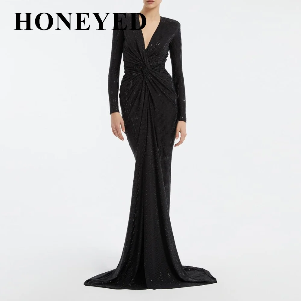 HONEYED 2024 Beads Long V-Neck Evening Formal Dresses With Long Sleeves فساتين سهرة Sheath Orange Floor-Length Prom for Women