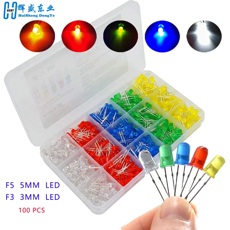 100PCS/lot 3mm 5mm F3 F5 Round LED Ultra Bright White Green Yellow Blue White Red Light Emitting Diode For Diy Kit