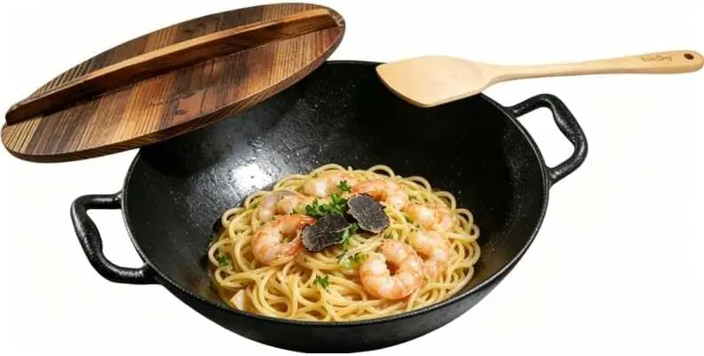 14 Inch Pre-Seasoned Cast Iron Wok with Lid, Non-Toxic Kadai for Induction and Open Fire, Double Handle Design