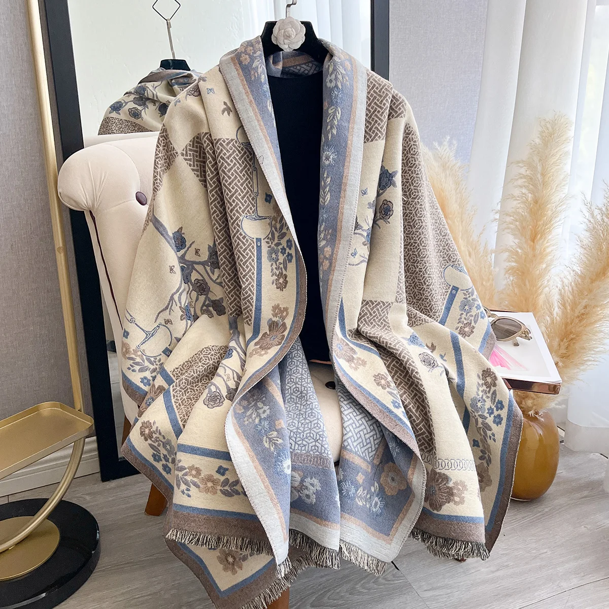 

2025 New Women's Flower Warm Shawl Simple Thick Imitation Cashmere Scarf with Jacquard Ideal for Autumn and Winter