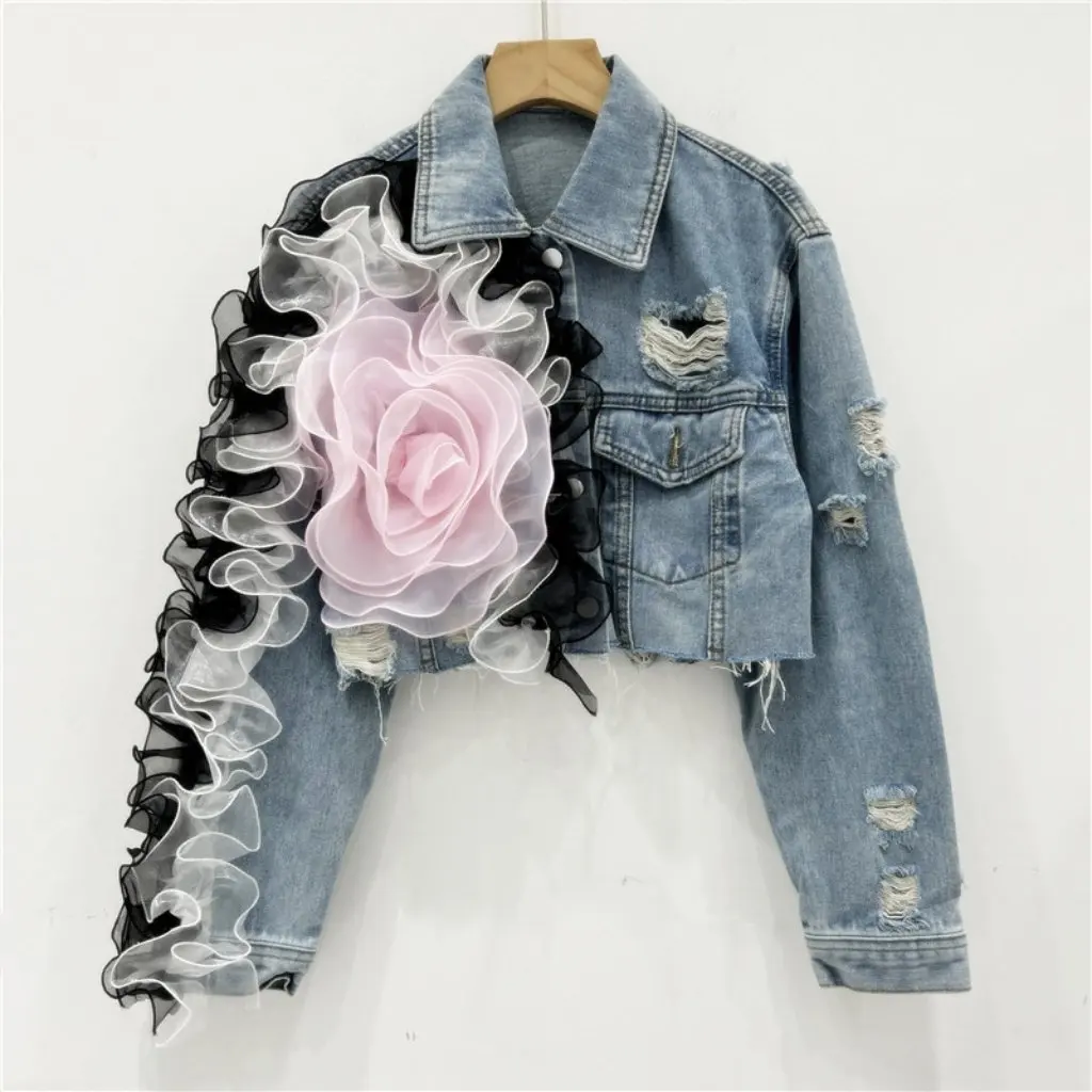 

Женская модная рваная джинсовая куртка, стильный стерео цветочный дизайн, короткое повседневное пальто в иностранном стиле для женщин