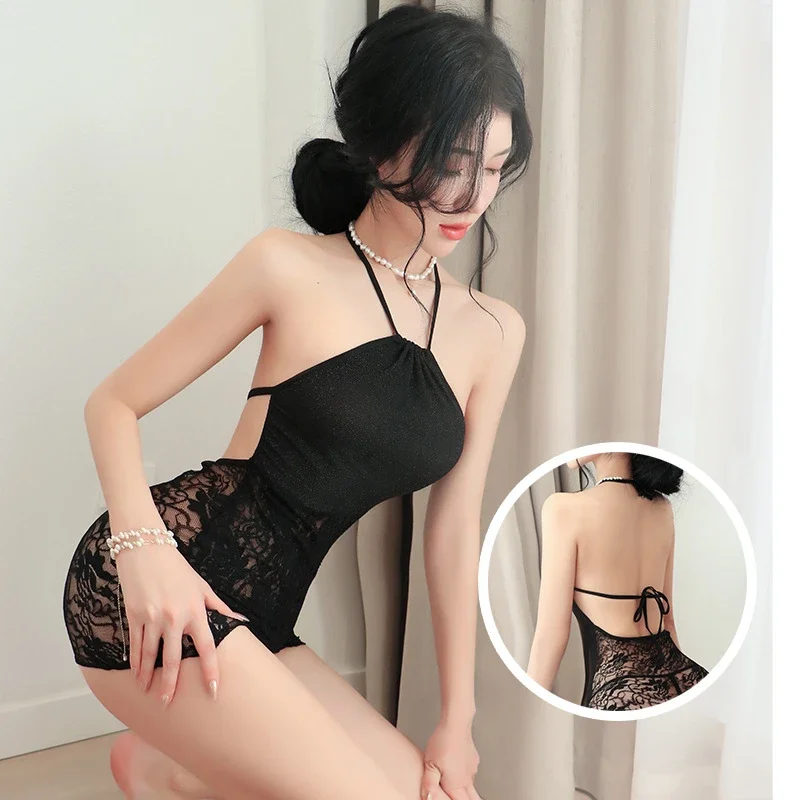 مثير Bodycon فساتين النساء شنقا الرقبة الدانتيل المرقعة إغراء الملابس الداخلية منظور ملهى ليلي سكرتيرة موحدة تأثيري