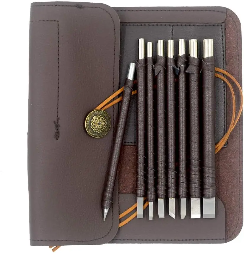 

Набор для резьбы из 8 предметов из вольфрамовой стали для мягкого камня, сланца и дерева - Профессиональный набор инструментов для гравировки с кожаным чехлом