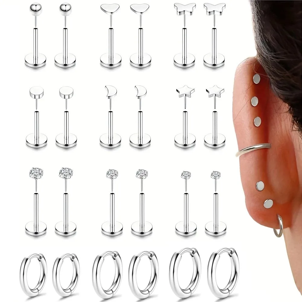

12pairs Threadless Flat Back Earrings Surgical Steel CZ Studs Elegant Nose Cartilage Tragus Helix Conch Lip Piercing Jewelry