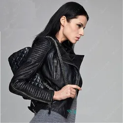 2024 Spring Autumn Fall Women's Fashion Genuine Leather Lambskin Sheepskin Coat Motorcyclist Biker Jacket for Female Black XXXL