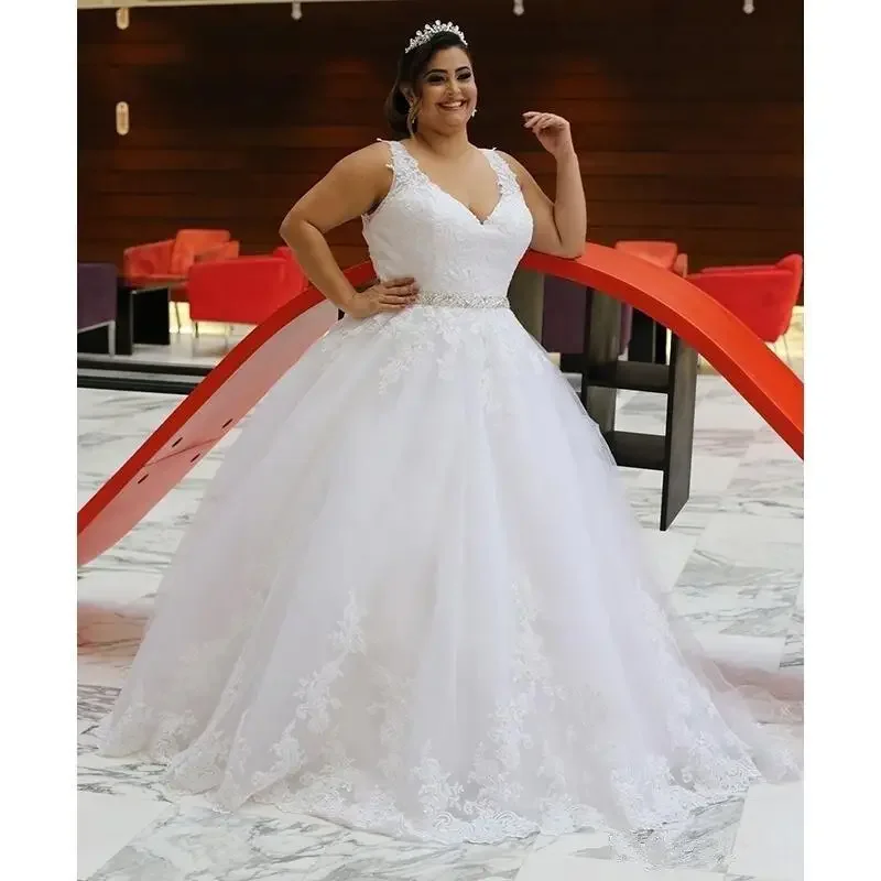 Customized Plus Size Wedding Dresses V Neck Sleeveless Beading Belt Appliqued Lace Tulle A Line Corset Back Bridal Gowns Custom