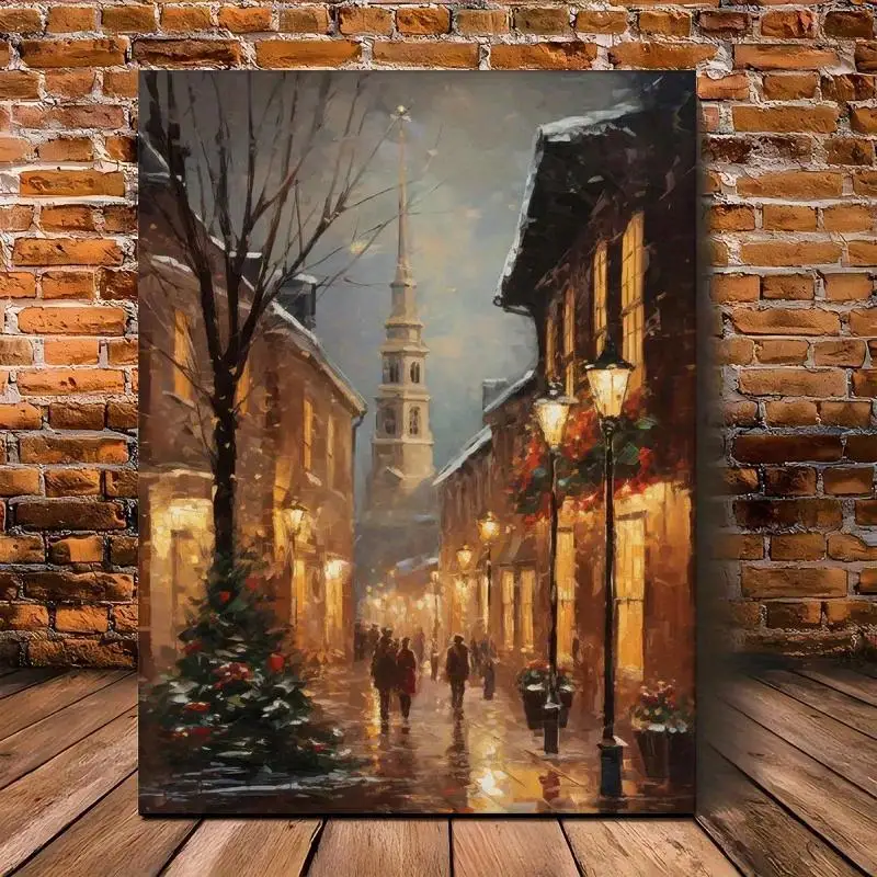 Framed Wooden Frame Vintage Christmas Scene Canvas Painting for Cityscape Decoration Suitable for Weddings Graduation Ceremony