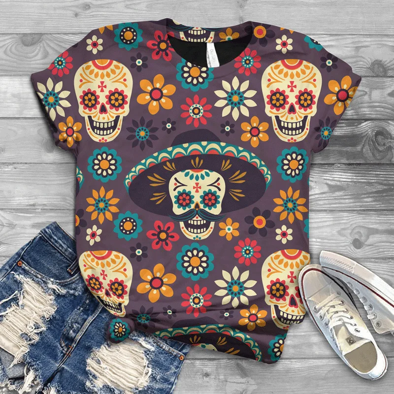 スカルシリーズ 3D プリント Tシャツ女性のヒップホップストリート O ネック半袖 Tシャツ Y2k 原宿 Tシャツトップス女性服