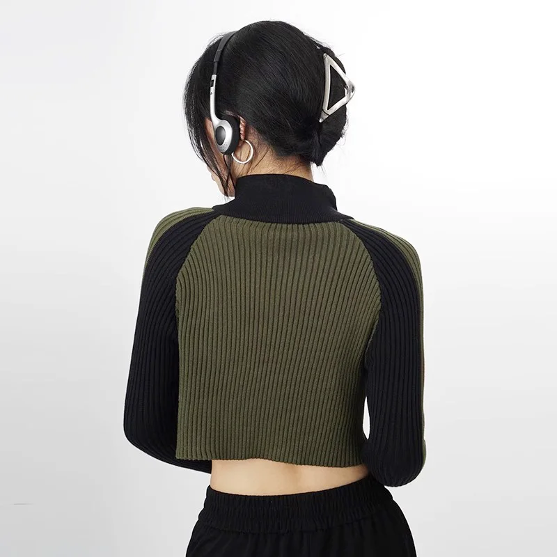 Women High Neck Sweater Mujer Autumn Clothes Half Zip Knit Crop Top With Contrast Colour Detail