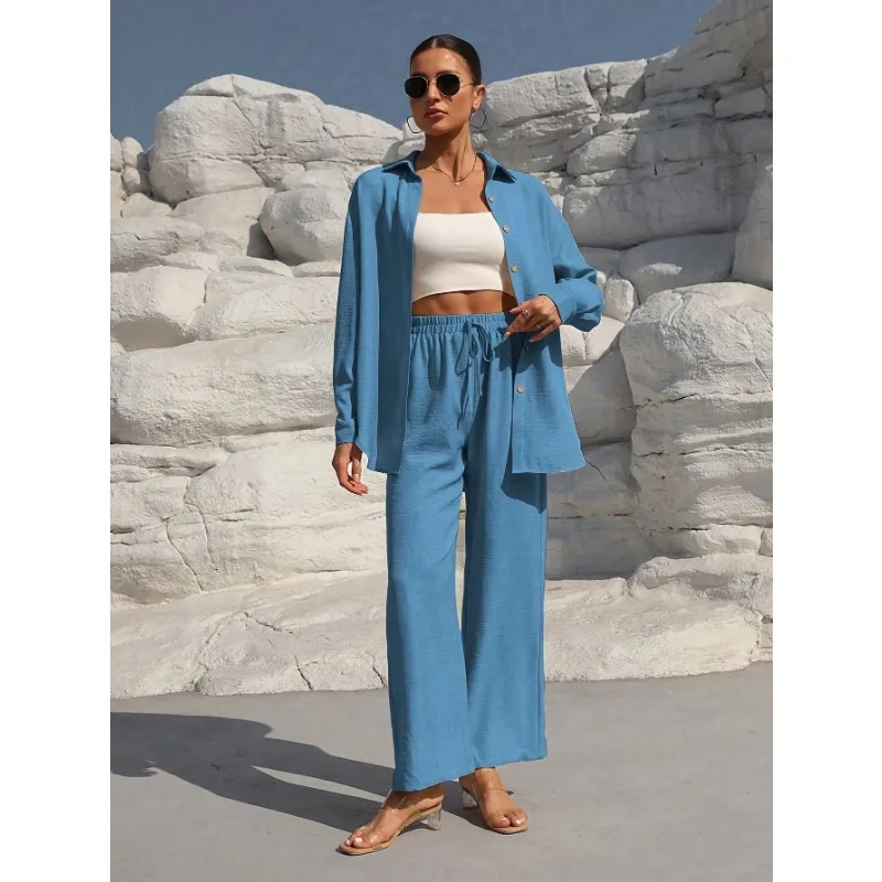 

Women's Linen Blend 2-Piece Set Button-Down Shirt Drawstring Wide Leg Pants