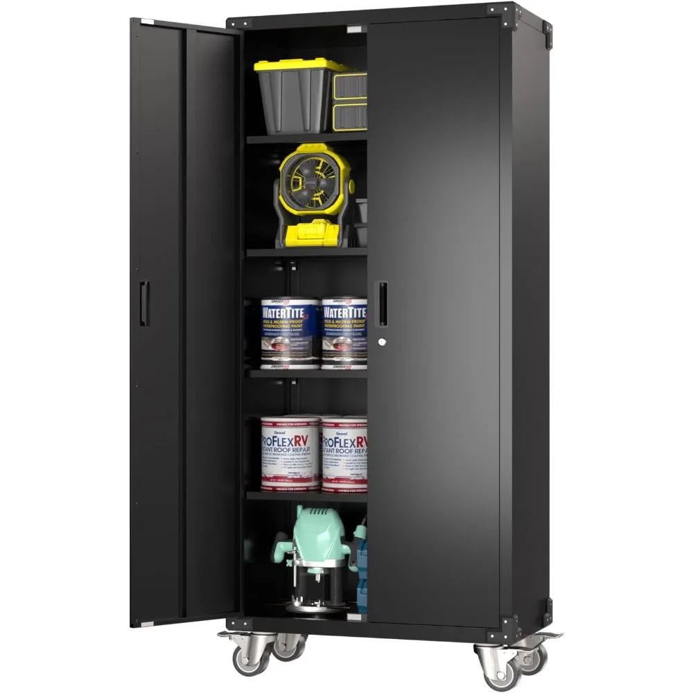 

72 Inches Metal Garage Storage Cabinet with Wheels, Locking Metal Storage Cabinet with 4Shelves, Rolling Tool Storage