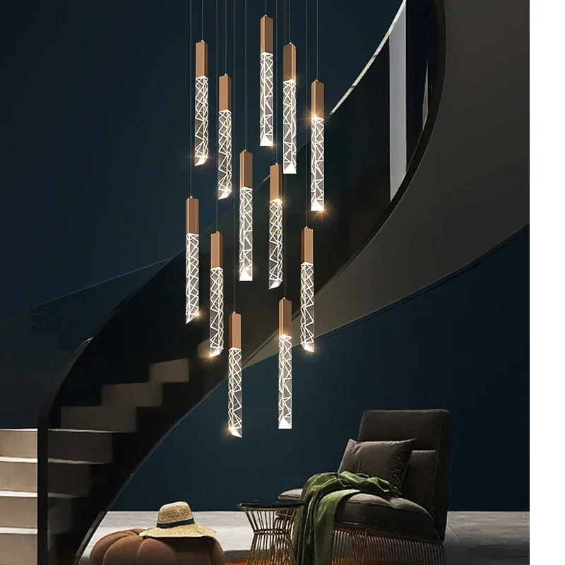 

LED Stair Crystal Chandelier Duplex Loft Spiral Staircase Long Chandelier Modern Creative Villa Living Room Hollow Drop Light