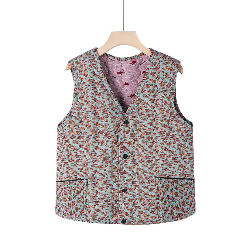 Women flowers Vests Autumn Ultra-light Sleeveless Jacket Winter Warm Cotton Base Vest  Button Waistcoat Female