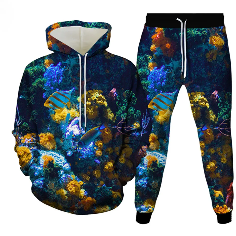 Vis 3D Gedrukt Hoodie Pak Herfst Mannen Sweatshirts Hoodies Joggingbroek Casual Mode Tweedelige Trainingspak Set Man Kleding