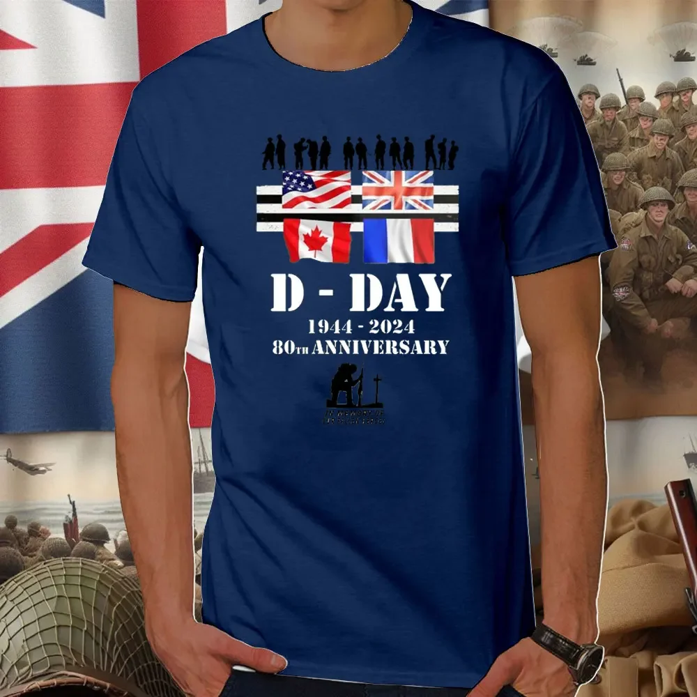 D-Day 80th Anniversary Cotton T-Shirt 1944-2024 Normandy Remembrance Military WW2 Men's Short-sleeved Summer Streetwear Shirt