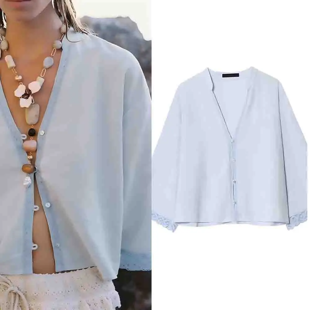 

Женская рубашка на пуговицах с v-образным вырезом, новинка 2025, модная женская рубашка с длинными рукавами в стиле ретро, шикарный топ