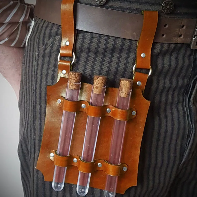 Steampunk Medieval Larp Alchemist PU Leather Test Tube Holder Belt Slider Potion Hanger Pouch Kit Apothecary Costume Accessory
