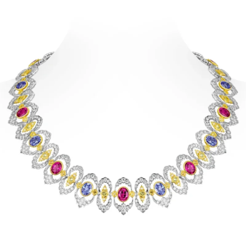 

BELLUX 925 Sterling Silver Colorful Zircon Encrusted Necklace Gorgeous Hollow Royal Design Ultra Versatile Jewelry