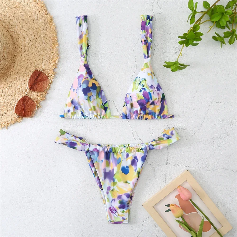 Vintage Print Bikini Thong Straps String Backless Triangle Push Up Swimsuit Y2K Tropical Vacation Swimwear Trend Women Beach Set